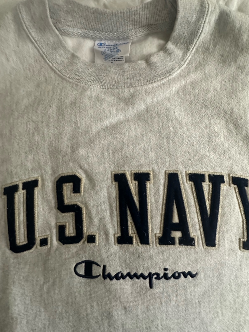 Champion Light Gray Crewneck with Navy U.S. NAVY Appliqué